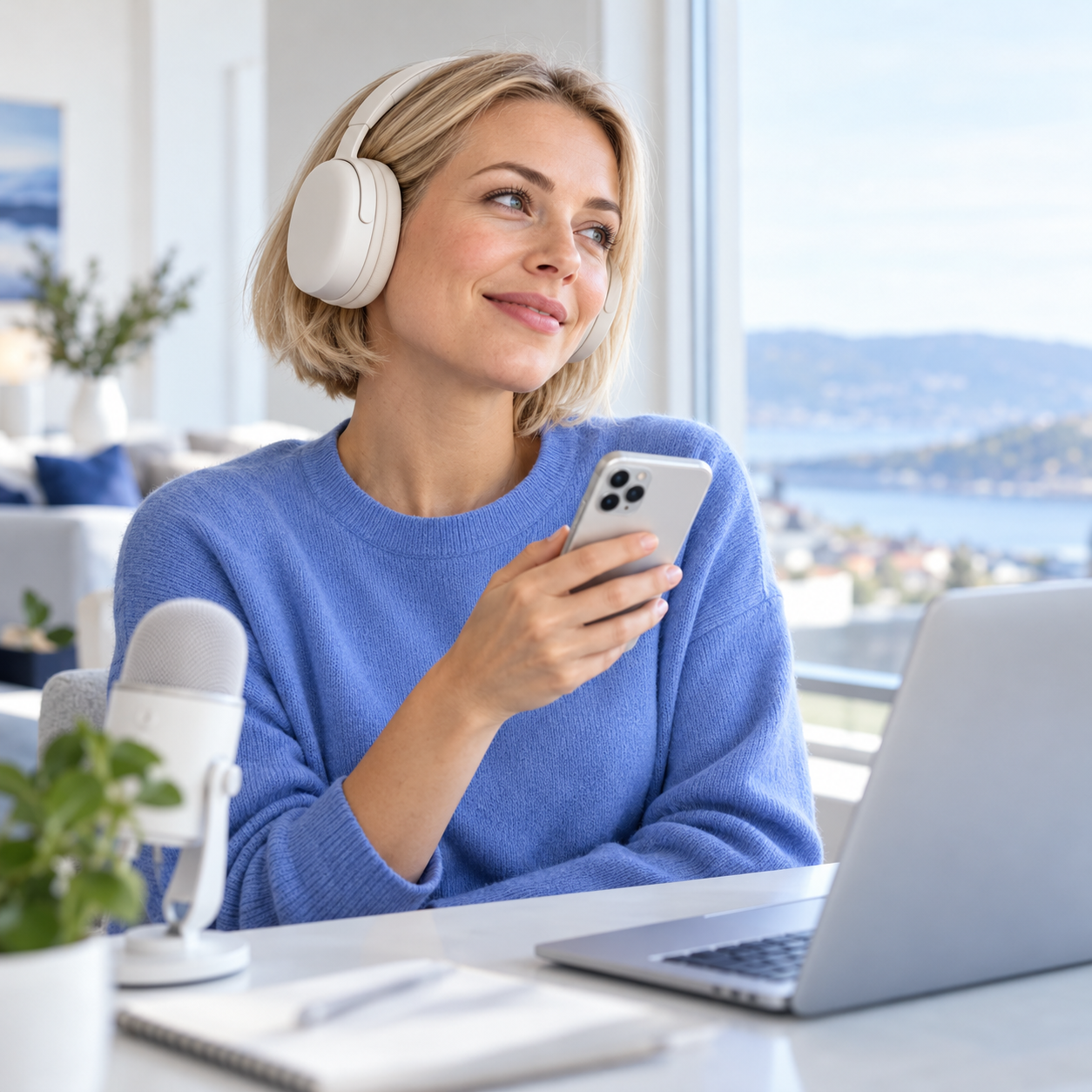 Eine Lernende mit modernen Kopfhörern und Smartphone